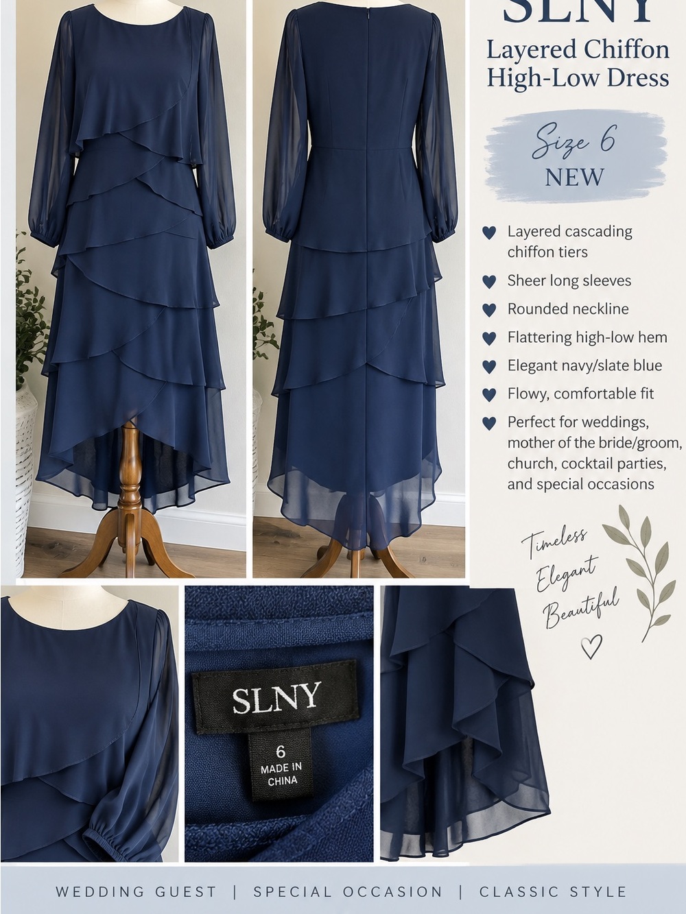 Beautiful SLNY navy/slate blue layered chiffon dress, Size 6,